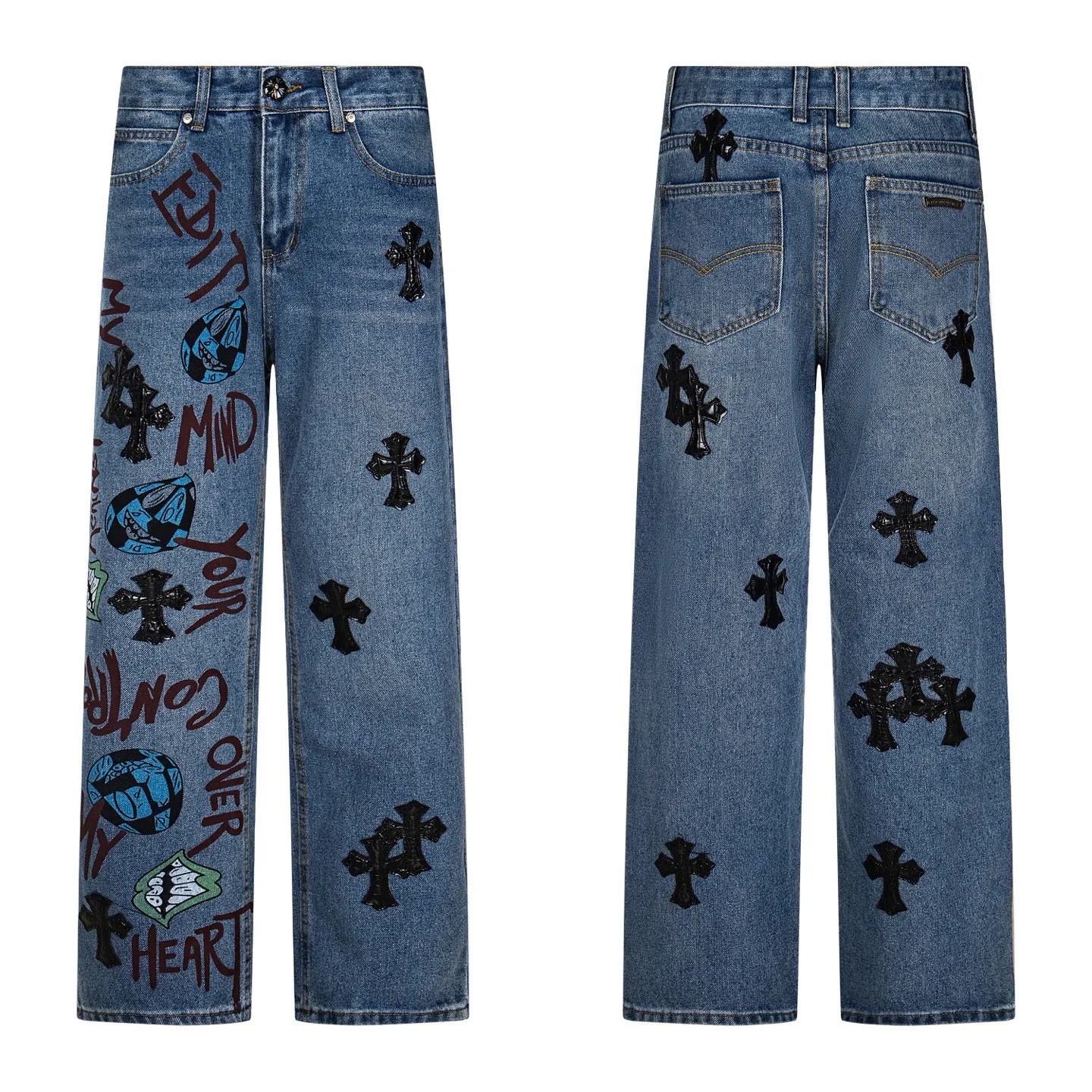 P240 Chrome hearts print stitching black leather classic washed jeans. Really restores the ultimate vintage texture. Three-dimensional version. Loose and comfortable, not picky on the figure. Looks taller and slimmer. Factory precision. Original factory quality control. Same style for men and women. Can be matched with couples. Versatile recommendation. Must-have jeans for all seasons. Fashionistas have been disappointed. From the quality selection of fabrics, the tailoring of details, and the matching of patterns, they are all impeccable! The upper body is so handsome when worn...it can be easily worn by men, women and children! The craftsmanship is made of heavy-duty washed pure cotton denim fabric. After washing, it is soft and thick. It is very stylish when worn on the body. Style number: 1760# Color: blue Size: 28 30 32 34 36